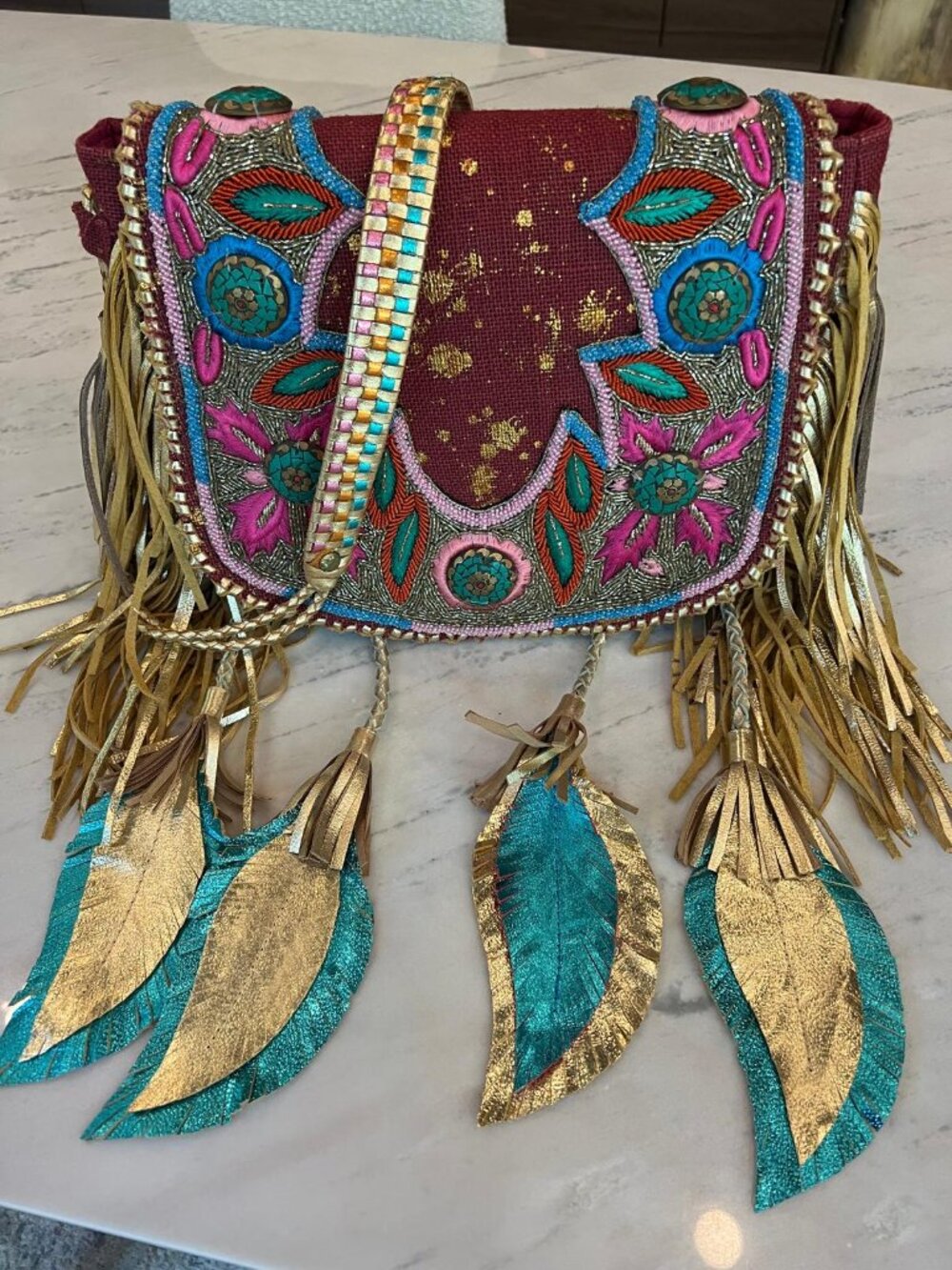Spectactular Beaded Fringe Bag w/Leather Crossbody Strap Gold Leather Feathers